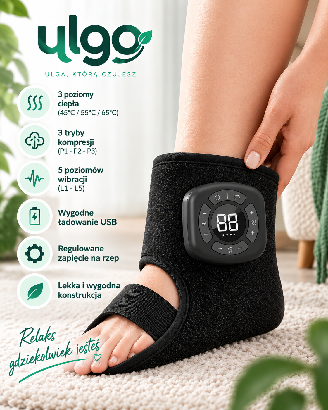 ULGO™ – Masażer Kostek 3w1 z Ciepłem, Kompresją i Wibracjami