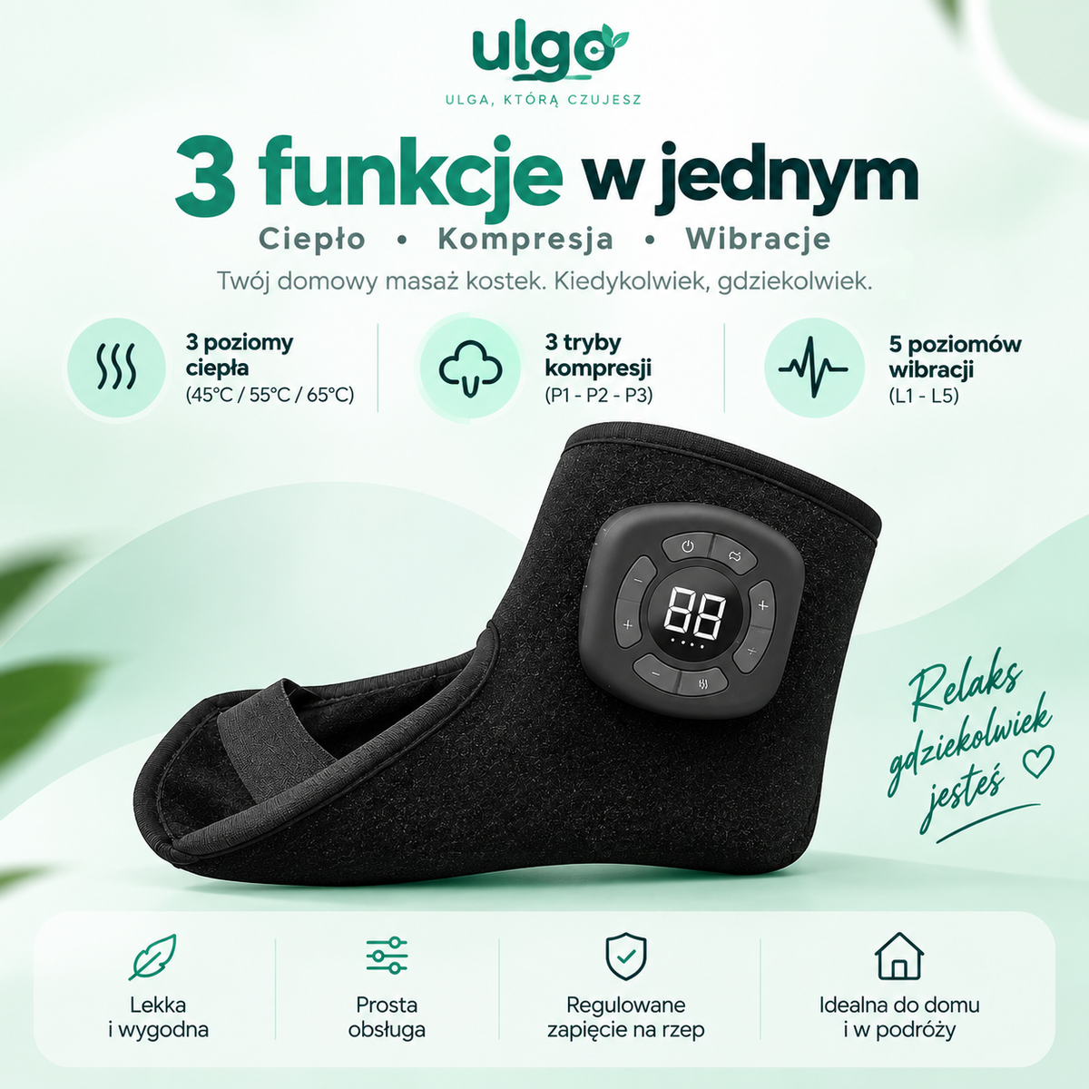 ULGO™ – Masażer Kostek 3w1 z Ciepłem, Kompresją i Wibracjami